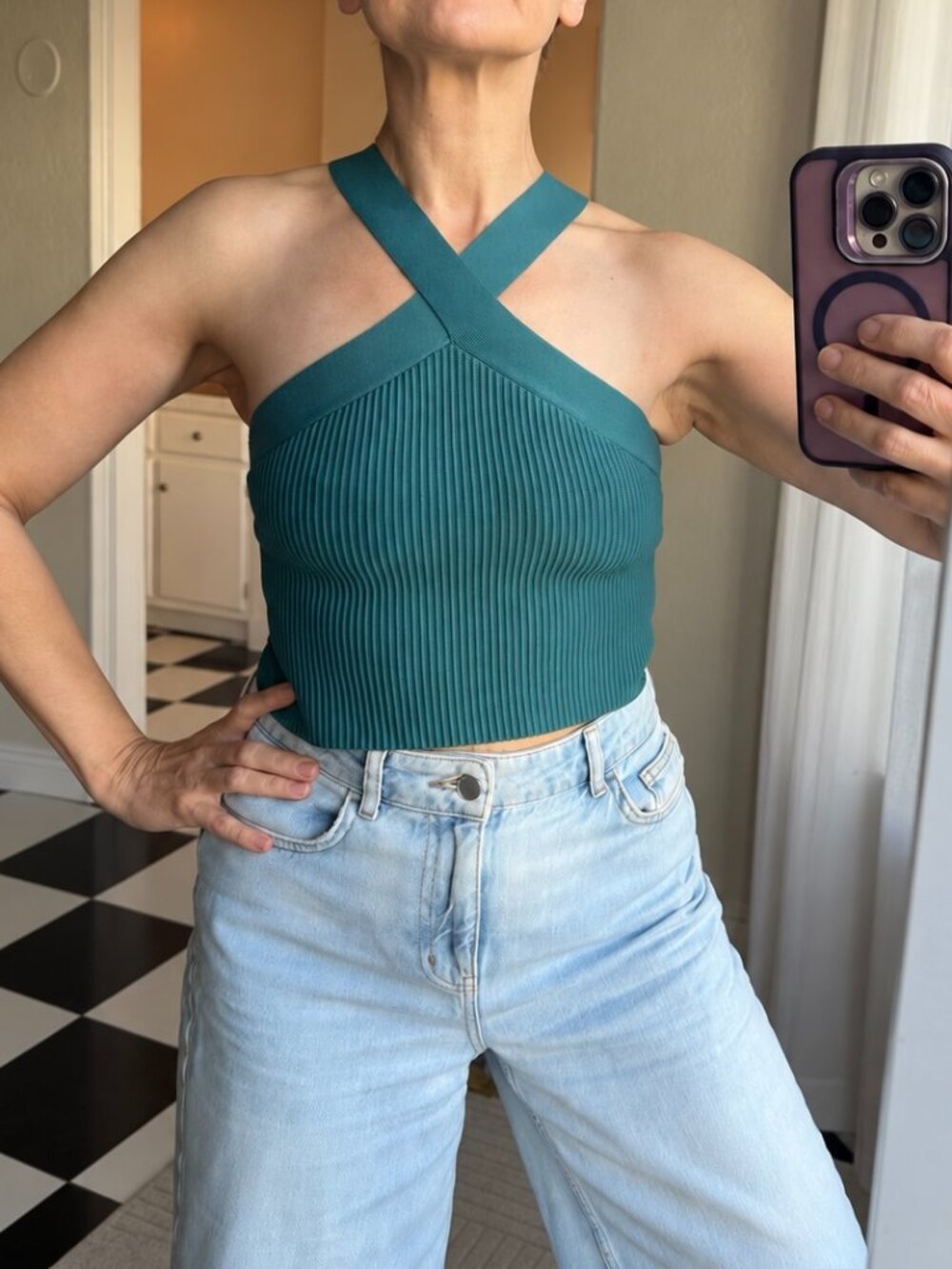 Sincerely Jules Teal Ribbed Criss Cross Halter Crop Top Size L NWOT